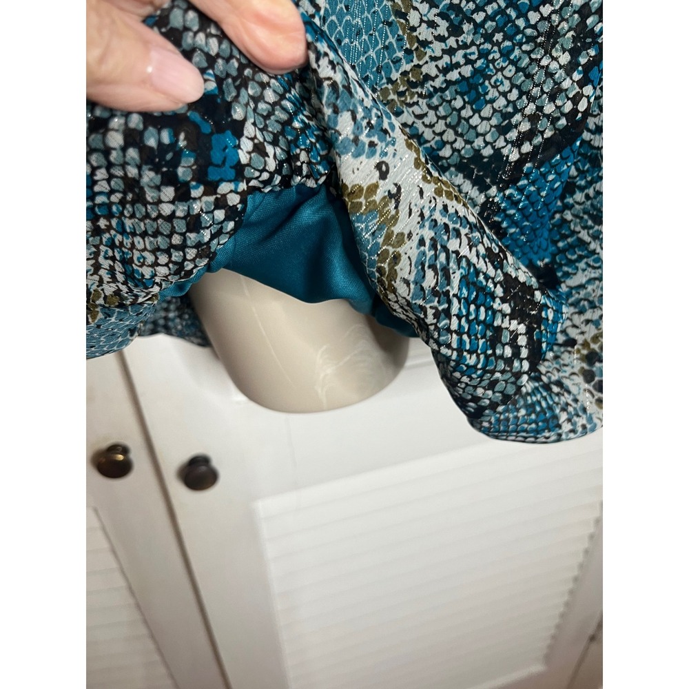 Sara Michelle Teal Blue Snakeskin Metallic Print Blouse Plus Size 3X Tie Sleeve - Picture 2 of 5